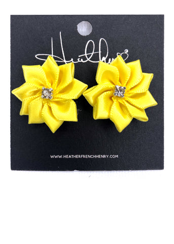Yellow Satin Floral Rhinestone Earrings