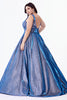 Curve Collection Glitter ball gown with deep plunge neckline and pockets.
