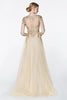 Magical flowy layered A-line tulle gown with three quarter sleeve and lace bodice.